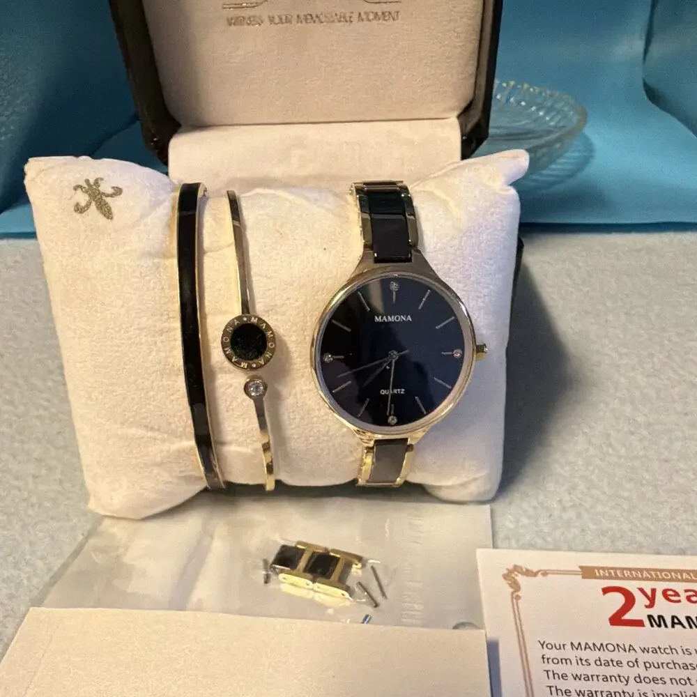 MAMONA Women's Quartz Watch Blue & Black/Gold Bracelet Box Papers Needs Battery